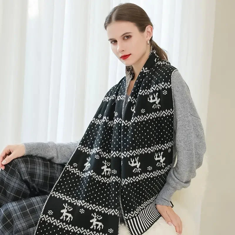 Grande Écharpe de Noël Noir avec motifs animaliers