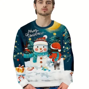 Pull de Noel Homme Bonhomme de Neige Vert