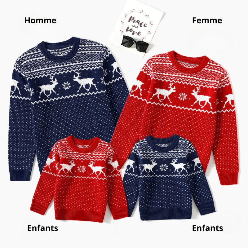 Ensemble Pull de Noël Famille avec Motif Rennes