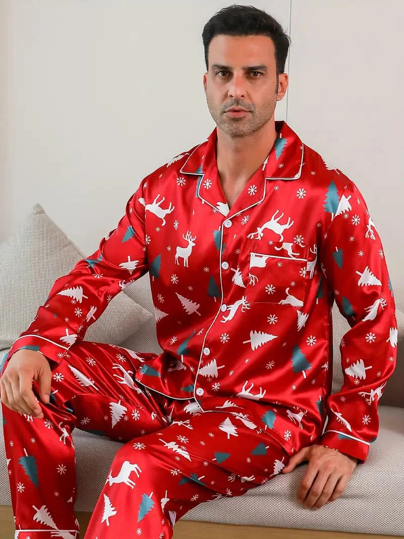 Ensemble Satin Pyjama Sapin de Noel Homme - Vue 2