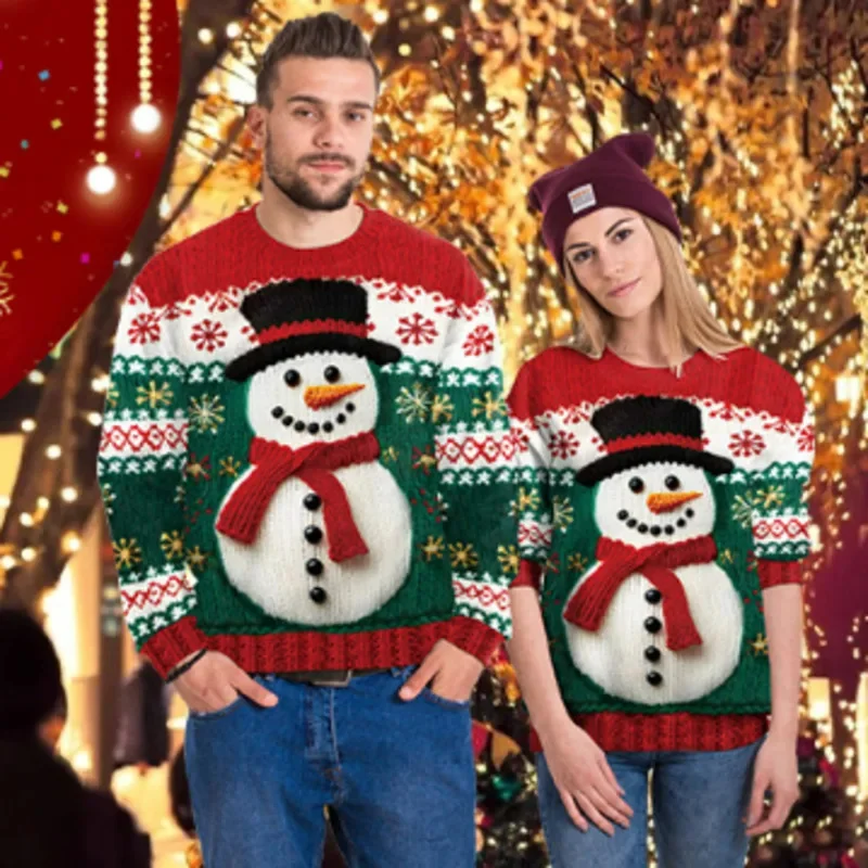 Pull de Noël Couple avec Bonhomme de Neige en Relief