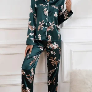 Ensemble Pyjama en Soie Motifs Fleurs Noel Femme