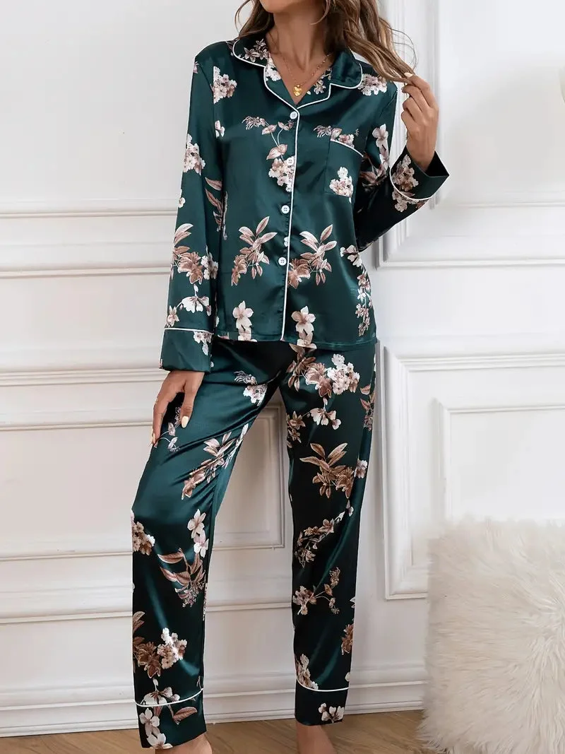 Ensemble Pyjama en Soie Motifs Fleurs Noël Femme