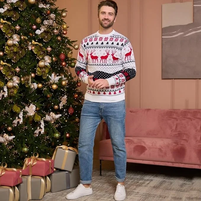 Pull de Noël Homme Motifs Rennes Blanc
