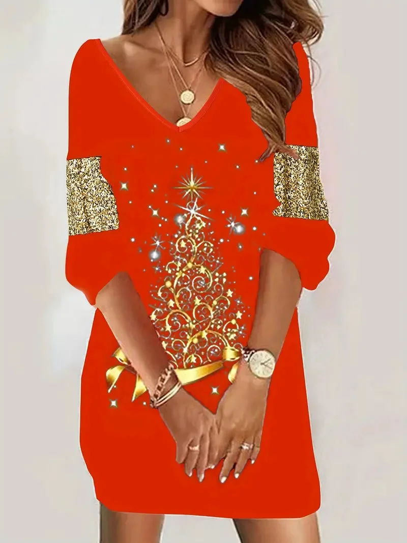 Robe de Noël Élégante avec Manches Pailletées